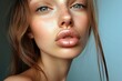 © World of AI - portrait of a young woman with unnatural big lips from fillers, cosmetic procedure gone wrong