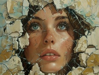 Sticker - Woman's Face Emerging From Cracked Wall: A Surreal Portrait