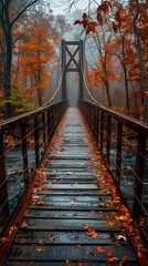 Poster - Autumnal Suspension Bridge in a Misty Forest