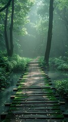 Poster - Enchanted Forest Path: A Mystical Bridge Through the Trees