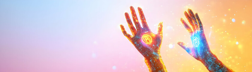 Holographic Raised Hands with Glowing Human Rights Symbols on Isolated White Background - Medium Shot Concept with Copy Space for Text or Graphics