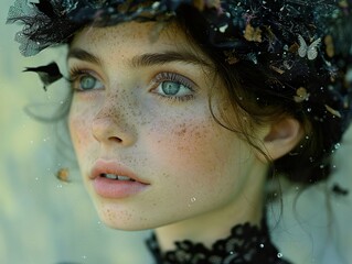 Poster - Dreamy Portrait of a Young Woman with Freckles and Flowers in Her Hair