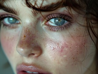 Wall Mural - Close-Up Portrait of a Woman with Freckles and Makeup