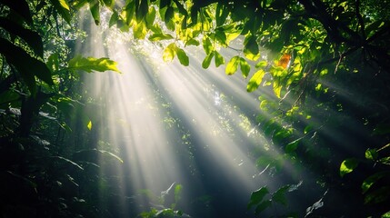 Wall Mural - Sunlight Filtering Through Lush Green Forest Canopy