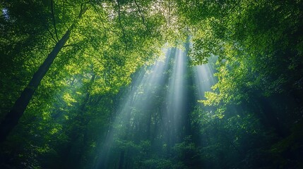 Wall Mural - Sunlight Filtering Through Lush Green Forest