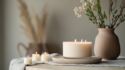 Canvas Print - Scented Candles and Dried Flowers on a Wooden Table