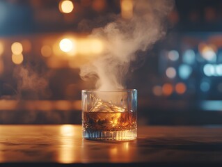 Glass of Whisky with Smoke on a Bar Counter