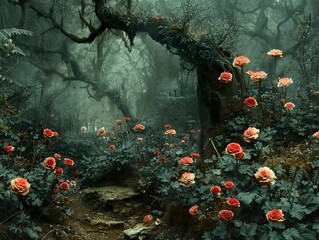 Wall Mural - Enchanted Forest Path with Roses and Fog