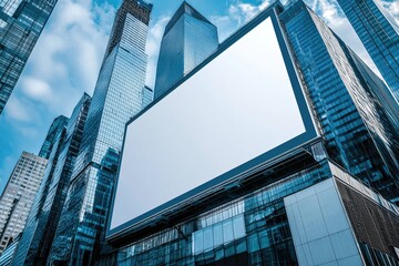 A blank billboard stands tall against modern skyscrapers, reflecting urban lifestyle and advertising potential in a vibrant cityscape.