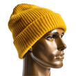 © TesDesigns - Men's yellow beanie hat on manikin head stand transparent background