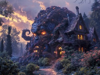 Canvas Print - Enchanted Forest House: A Magical Nighttime Scene