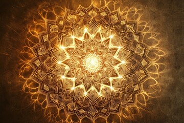Wall Mural - intricate mandala design radiating warm golden light, perfect for backgrounds or spiritual themes.