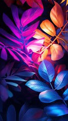 Wall Mural - Vibrant foliage with neon colors creates a stunning visual contrast against a dark background, ideal for modern design needs.