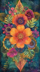 Wall Mural - Vibrant floral artwork showcasing colorful flowers and lush leaves, perfect for nature lovers and art enthusiasts.