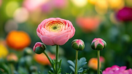 Wall Mural - Pink Ranunculus Flower with Buds in a Garden