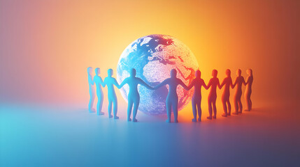 3D Glossy Holographic Human Figures Holding Hands Around a Glowing Globe in White Space - Global Unity & Human Rights Concept, Copy Space Available