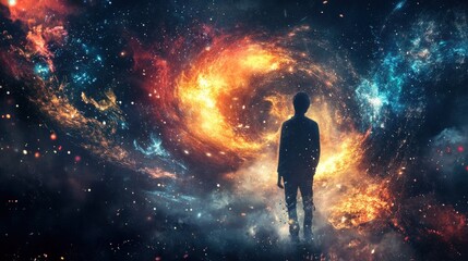 A lone figure stands before a swirling nebula in space, representing the vastness of the cosmos and the mystery of the universe.