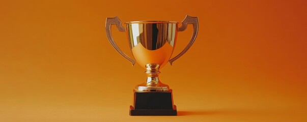 Classic gold trophy cup displayed on orange backdrop. Achievement and recognition theme. Generative AI