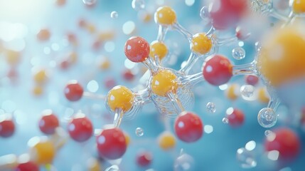 Wall Mural - 3D Illustration of a Molecular Structure with Red and Yellow Atoms Connected by Transparent Bonds in a Blue Background