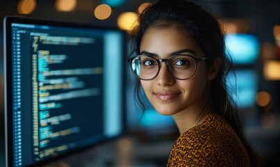 Diverse Office: Portrait of Talented Indian Girl IT Programmer Working on Desktop Computer in Friendly Multi-Ethnic Environment. Female Software Engineer Wearing Glasses Develop Inspirational