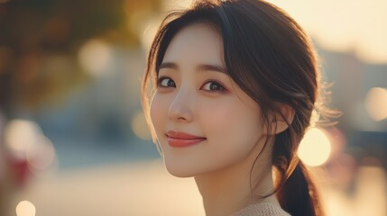 Poster - Smiling Woman Looking at the Camera in a Golden Hour