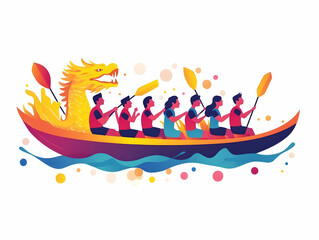 Flat Survivor Dragon Boat Team: Candid Moments of Triumph and Teamwork Among Breast Cancer Survivors Paddling Together in a Lake - Vector Illustration