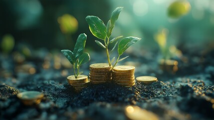 Two green plants growing from stacks of gold coins in dark soil.