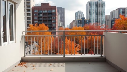 Wall Mural - A minimalist balcony overlooking a cityscape framed by tall buildings. 