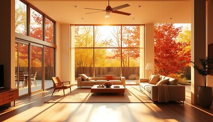 Wall Mural - A large, open living room is flooded with golden autumn light, streaming in through a glass door that opens to a patio surrounded by trees with vibrant red and orange leaves.