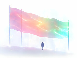 Flat Floating Holographic Flag with Glowing Human Rights Symbols - Symbolizing Freedom and Equality in a Clean White Background | Vector Illustration