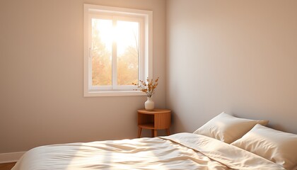 Wall Mural - A serene bedroom with light gray walls and minimalist décor is gently lit by the golden glow of the autumn sun filtering through trees outside.