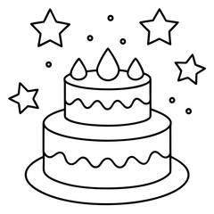 stars and birthday cake outline coloring book page line art drawing