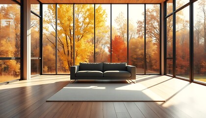 Wall Mural - A spacious, minimalist living room with large floor-to-ceiling windows overlooking a landscape of trees with golden, red, and orange leaves.