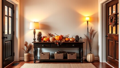 Wall Mural - A welcoming home entryway featuring a dark wooden console table adorned with a decorative arrangement of pumpkins, pinecones, and dried autumn leaves. 