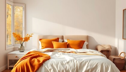 Wall Mural - A serene bedroom with neutral tones is brought to life with autumn accents. 