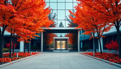 Wall Mural - The entrance to a modern business complex is framed by vibrant autumn trees, their fiery red and orange leaves creating a canopy over the entrance path.