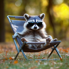 A raccoon wearing tiny sunglasses and chilling in a lawn chair like it’s on vacation. Generative AI