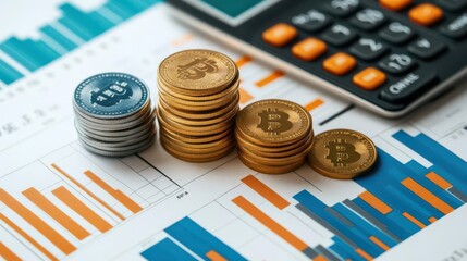 Wall Mural - a close-up of cryptocurrency coins stacked on financial charts, emphasizing investment, technology, 