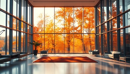 Wall Mural - Inside a high-rise corporate building, a spacious atrium is bathed in the soft, golden light filtering through large windows.