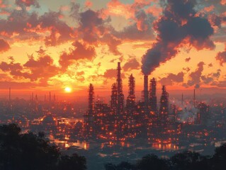 oil and gas refinery towering structures with massive storage tanks glistening in the sunset smoke wafts from chimneys casting shadows across the industrial landscape