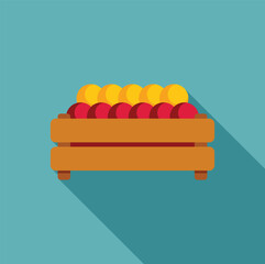 Sticker - Wooden crate full of freshly picked ripe red apples and bright yellow oranges standing on the ground