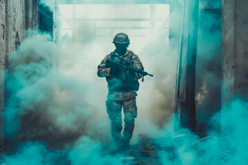 Wall Mural - Portrait of airsoft player in professional equipment with machine gun in abandoned ruined building. Soldier with weapons at war in smoke and fog