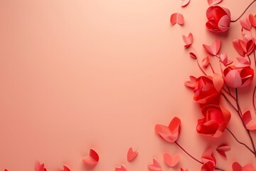 paper cut-style red flowers and heart shapes on a soft pink background. flat lay composition with co