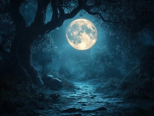 Wall Mural - panoramic view of a dark eerie forest at night with crooked trees and a glowing full moon casting an enchanting yet spooky ambiance creating a sense of magic and mystery in a fairy tale world