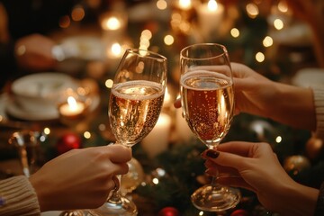 Close up of friends clinking champagne glasses while enjoying Christmas dinner together sitting by elegant dining table with candles, Generative AI