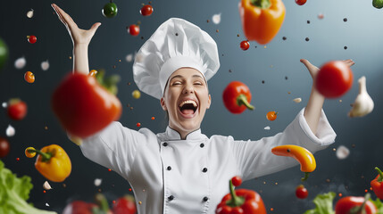 Wall Mural - a chef dressed in a white uniform and hat joyfully raises her arms amidst a flurry of fresh vegetabl