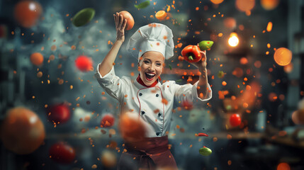 Wall Mural - a cheerful chef joyfully juggles vibrant vegetables in a busy kitchen filled with activity, showcasi