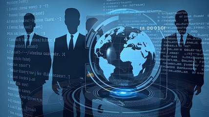 illustration of a data analysis tool with an illustration of the globe and silhouettes of businessmen against the background of a computer program code, high technology,