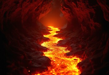 A fiery, glowing river of lava flows through a dark cave, illuminated by the intense heat