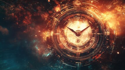 Wall Mural - time travel technology background with a futuristic clock face, hands spinning through hours, evokin